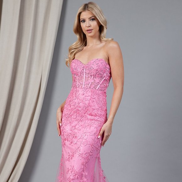 NEW LONG OFF THE SHOULDER SLEEVELESS EMBROIDERED GOWN WITH LACED UP BACK AC 7024 - Picture 1 of 6